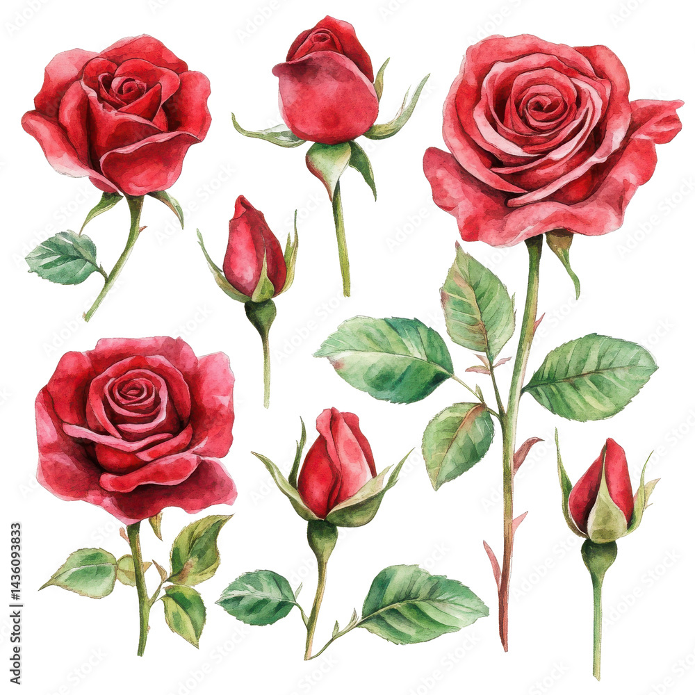 A watercolor illustration of red roses with green leaves and stems on a transparent background A watercolor illustration of red roses with green leaves and stems on a transparent background