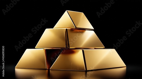 Shiny Gold Bars Stacked in a Pyramid Shape on Black Background