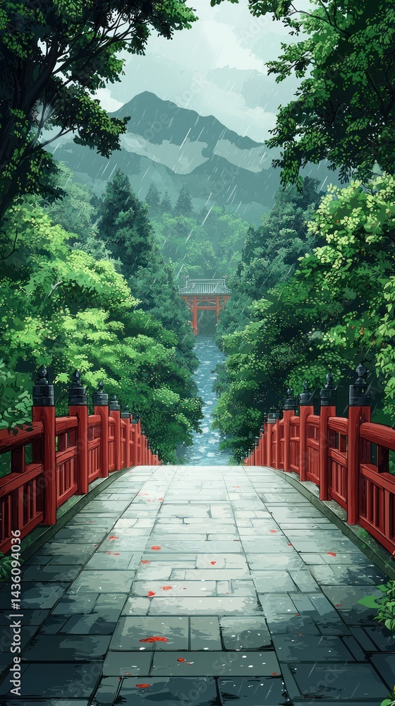 Walking on Bridge Towards Japanese Gate in Rainy Forest Landscape Walking on Bridge Towards Japanese Gate in Rainy Forest Landscape