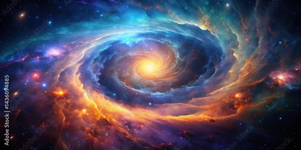 A Celestial Vortex An Enigmatic Spiral Galaxy with Vibrant Hues of Orange, Blue, and Yellow, Illuminated by a Central Radiant Core and Scattered with Sparkling Stars. A Celestial Vortex An Enigmatic Spiral Galaxy with Vibrant Hues of Orange, Blue, and Yellow, Illuminated by a Central Radiant Core and Scattered with Sparkling Stars.