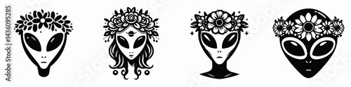 alien head with flower crown. Silhouette logo animal mascot. Extraterrestrial visage adorned floral garland cosmic botanical aesthetic.