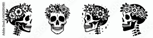 skeleton head with flower crown. Silhouette logo animal mascot. Bony cranium adorned floral garland skull bloom diadem creepy gothic.