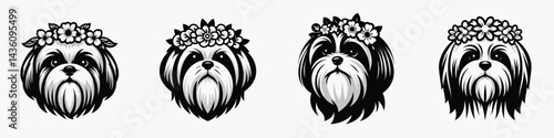 Shih Tzu Dog head with flower crown. Silhouette logo animal mascot. Petite canine muzzle adorned by floral garland a charming pet portrait.
