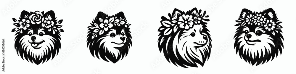 Fototapeta premium Pomeranian Dog head with flower crown. Silhouette logo animal mascot. Canine portrait adorning botanical garland fluffy Spitz breed for floral decoration.
