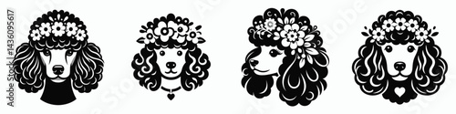 Poodle Dog head with flower crown. Silhouette logo animal mascot. Canine visage wearing floral wreath purebred breed pet for festive decor.