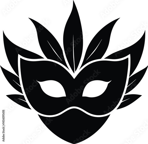 Carnival mask silhouette, Carnival mask icon black silhouette isolated on white background,Mask with feathers pictogram, Vector illustration