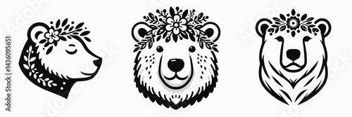 Polar Bear head with flower crown. Silhouette logo animal mascot. Arctic visage adorned floral garland bloom wreath decorative foliage.