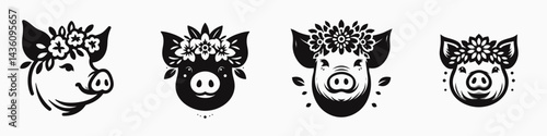 Pig head with flower crown. Silhouette logo animal mascot. Swine visage adorned flora wreath farm portrait floral decoration.