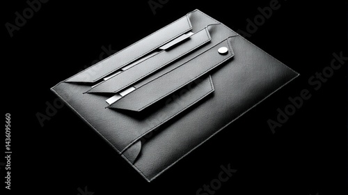 Sleek Black Leather Folder with Pen Holders and Document Slots