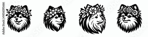 Pomeranian Dog head with flower crown. Silhouette logo animal mascot. Canine portrait adorning botanical garland fluffy Spitz breed for floral decoration.