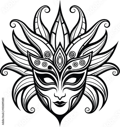 Carnival mask silhouette, Carnival mask icon black silhouette isolated on white background,Mask with feathers pictogram, Vector illustration