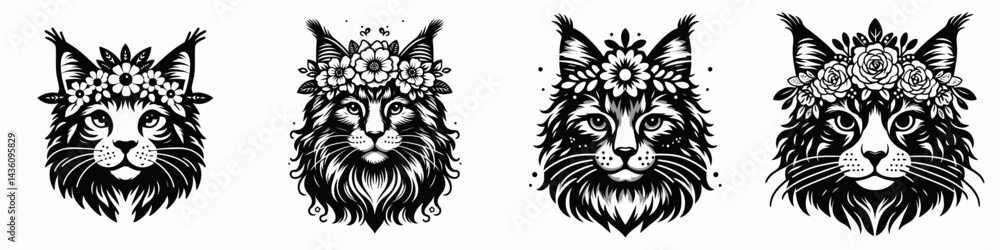 Obraz premium Maine Coon Cat head with flower crown. Silhouette logo animal mascot. Feline face adorned bloom garland giant breed portrait botanical decoration.