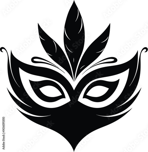 Carnival mask silhouette, Carnival mask icon black silhouette isolated on white background,Mask with feathers pictogram, Vector illustration