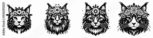Maine Coon Cat head with flower crown. Silhouette logo animal mascot. Feline face adorned bloom garland giant breed portrait botanical decoration.