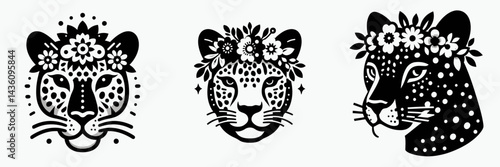 Leopard head with flower crown. Silhouette logo animal mascot. Feline portrait bloom garland wildcat visage floral coronet wild nature.
