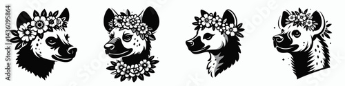 Hyena head with flower crown. Silhouette logo animal mascot. Grinning canid portrait adorned floral garland headpiece fauna art.