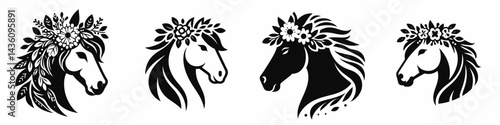 Horse head with flower crown. Silhouette logo animal mascot. Equine visage adorned floral garland blossom wreath decoration countryside motif.