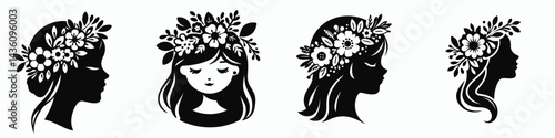 girl head with flower crown. Silhouette logo animal mascot. Youthful visage adorned in bloom garland floral circlet on maiden cranium.