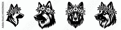German Shepherd Dog head with flower crown. Silhouette logo animal mascot. Canine visage adorned floral garland breed in bloom.