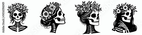 female skeleton head with flower crown. Silhouette logo animal mascot. Feminine bony cranium adorned flora circlet skull bloom headpiece decorative art.