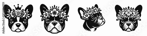 French Bulldog head with flower crown. Silhouette logo animal mascot. Canine portrait bloom circlet adorable pup visage in floral wreath.