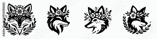 Fox head with flower crown. Silhouette logo animal mascot. Floral decorated vulpine cranium botanical halo fauna portrait springtime theme.