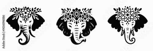 Elephant head with flower crown. Silhouette logo animal mascot. Majestic pachyderm visage adorned floral diadem blossom wreath decoration.