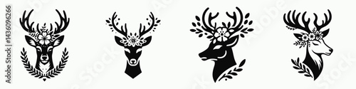 Deer head with flower crown. Silhouette logo animal mascot. Stag bust adorned floral garland forest fauna woodland decoration bloom wreath.