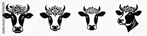 Cow head with flower crown. Silhouette logo animal mascot. Bovine visage adorned plant garland rustic ranch theme floral headwear graphic.