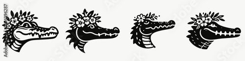 Crocodile head with flower crown. Silhouette logo animal mascot. Reptile cranium adorned floral diadem fauna majestic bloom decoration.