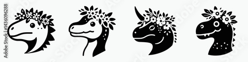 Dinosaur head with flower crown. Silhouette logo animal mascot. Prehistoric reptile cranium adorned floral circlet botanical decoration.