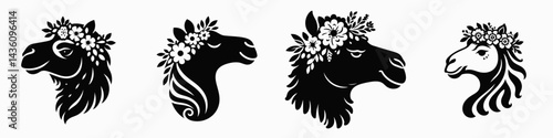 Camel head with flower crown. Silhouette logo animal mascot. Ungulate face adorned bloom diadem desert beast portrait botanical corona.