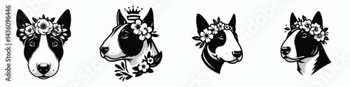 Bull Terrier Dog head with flower crown. Silhouette logo animal mascot. Floral wreath adorning canine face breed portrait image.