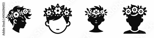 boy head with flower crown. Silhouette logo animal mascot. Young male cranium adorned floral garland headwear celebration attire.