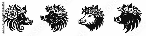 boar head with flower crown. Silhouette logo animal mascot. Floral garland adorned tusked hog visage a rustic whimsical fauna portrait.