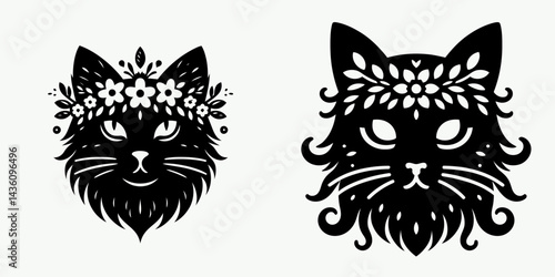 Black Cat head with flower crown. Silhouette logo animal mascot. Feline portrait adorned blossom wreath dark kitty visage floral headband.