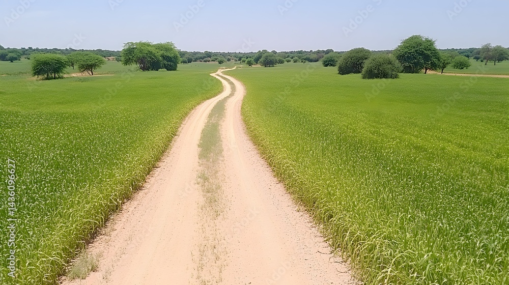A dirt road winds through a vibrant green field under a clear blue sky, dotted with sparse trees on the horizon A dirt road winds through a vibrant green field under a clear blue sky, dotted with sparse trees on the horizon