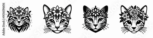 Bengal Cat head with flower crown. Silhouette logo animal mascot. Spotted feline portrait adorned floral diadem a whimsical creation.