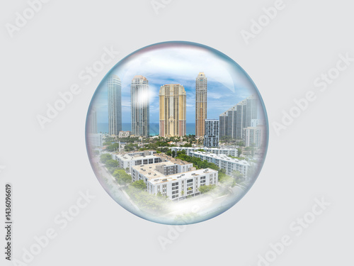 Tall residential skyscrapers appear enclosed within a transparent bubble, symbolizing the fragility, inflated pricing, and risk of the real estate market.