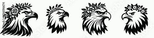 Bald Eagle head with flower crown. Silhouette logo animal mascot. American raptor visage adorned floral garland avian celebratory decoration.