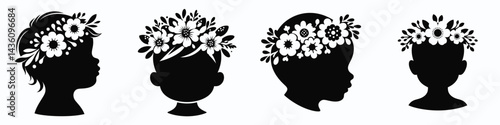 baby head with flower crown. Silhouette logo animal mascot. Infant cranium adorned floral garland serene newborn portrait decor.