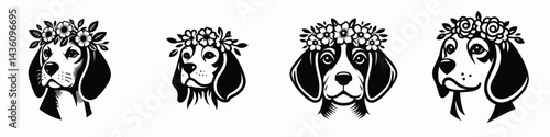 Beagle Dog head with flower crown. Silhouette logo animal mascot. Canine portrait bloom wreath hound face wearing floral headgear cute.