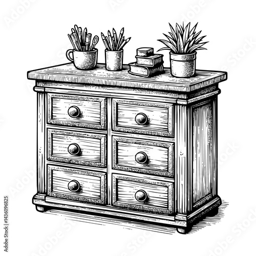 Wooden dresser sketch engraving black and white outline. Scratch board imitation.  illustrated in vintage line art style on a white background.