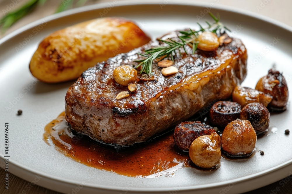Beef steak served with potato and mushrooms Beef steak served with potato and mushrooms