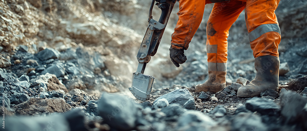 Obraz premium Construction Worker Using Jackhammer on Rocky Terrain