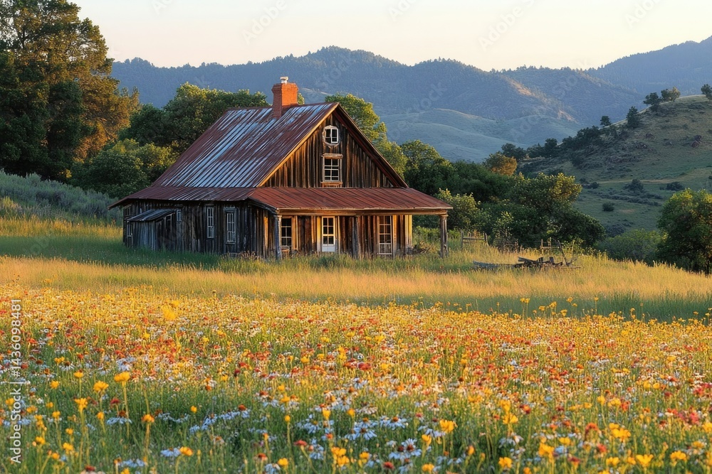 Fototapeta premium Rustic wooden house in a field of wildflowers, bathed in the golden light of sunset against a mountainous backdrop.