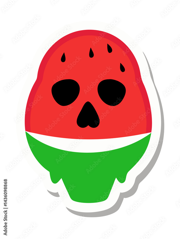 Obraz premium Stylized design of a watermelon slice resembling a skull, with red flesh, black seed like eye sockets, and a green rind, outlined in white.