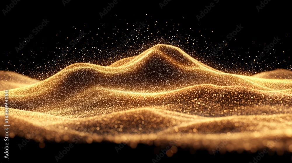 Fototapeta premium Golden Sand Dunes: Shimmering golden sand dunes under a dark sky, creating a dramatic and luxurious landscape. The fine particles of sand are illuminated, creating a magical atmosphere.