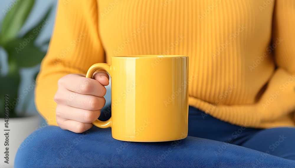 Close-up of a person in yellow sweater holding a solid-color yellow mug Close-up of a person in yellow sweater holding a solid-color yellow mug