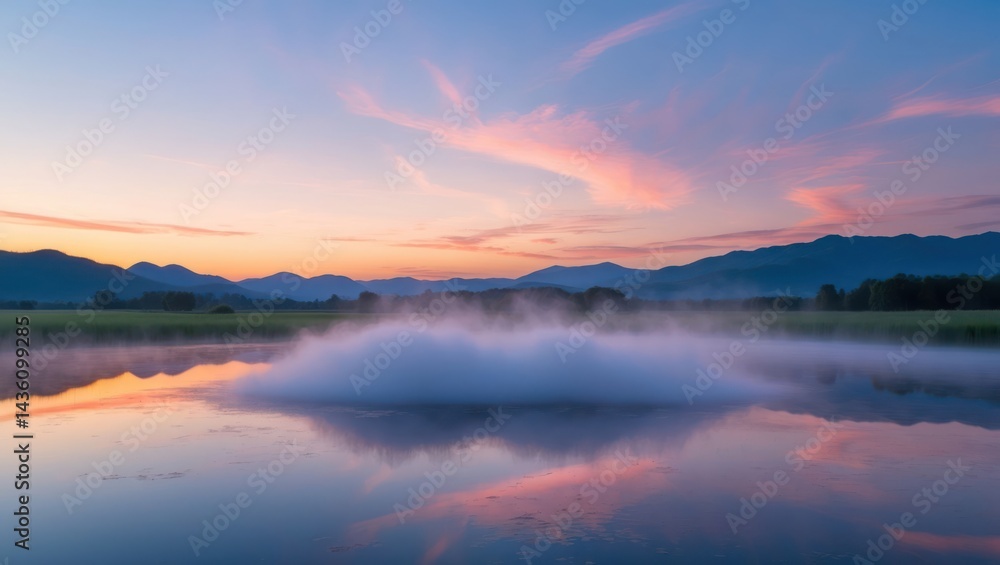 Lake Reflection at Dawn with Mist and Mountain View Lake Reflection at Dawn with Mist and Mountain View